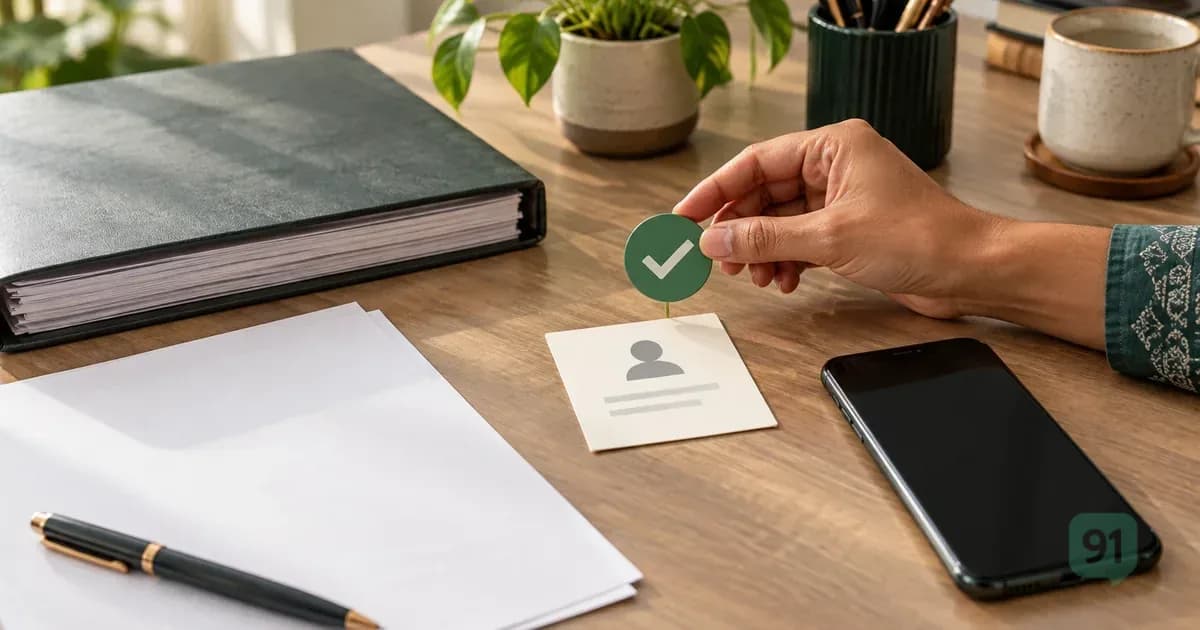 Closed accounting file, blank document and phone beside a recipient review card