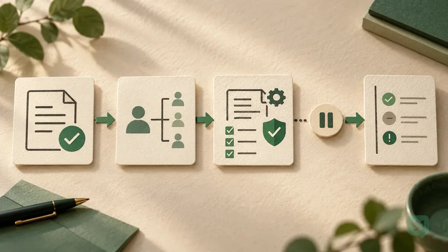 Abstract document, recipient, permission and outcome cards with a pause before sending