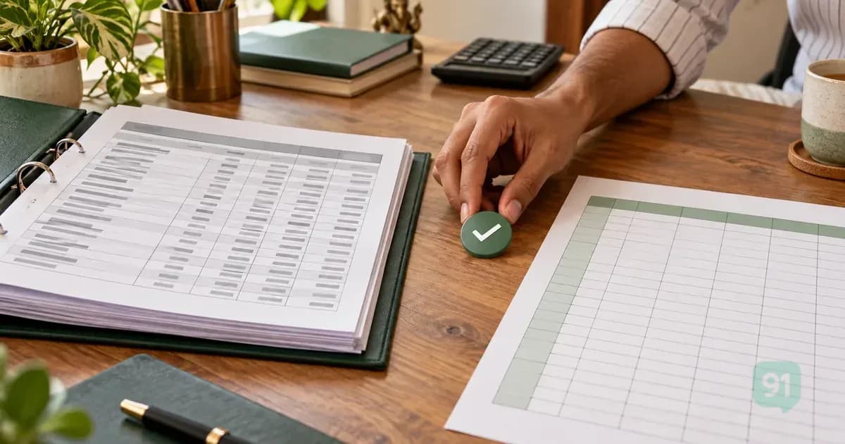 Printed accounting export beside an empty spreadsheet grid with a review marker