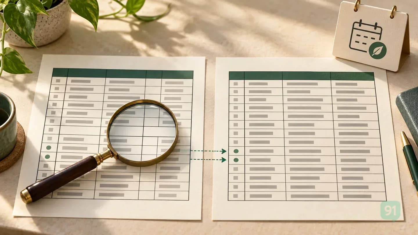 Two paper grids inspected row by row for matching records and freshness