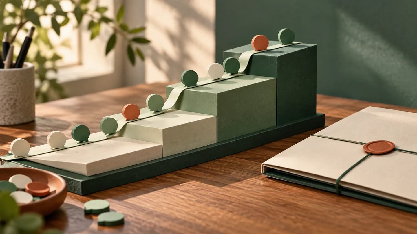 Unnumbered message tokens climbing separate paper tiers beside a closed subscription folder