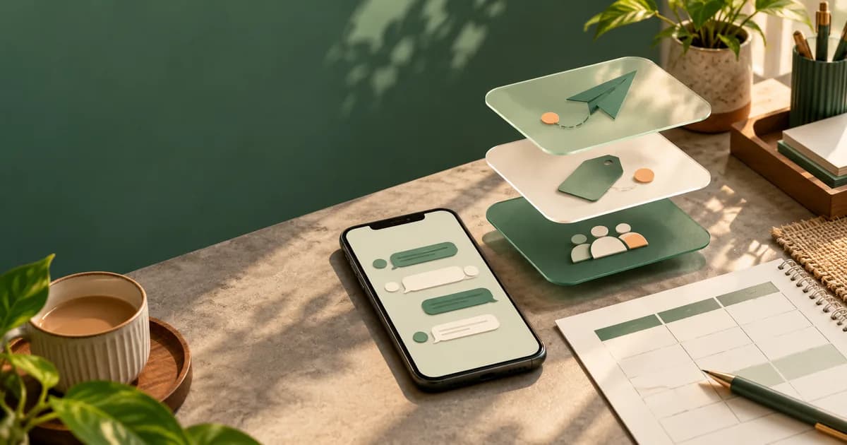 Abstract message, category and planning layers beside a phone and blank budget sheet