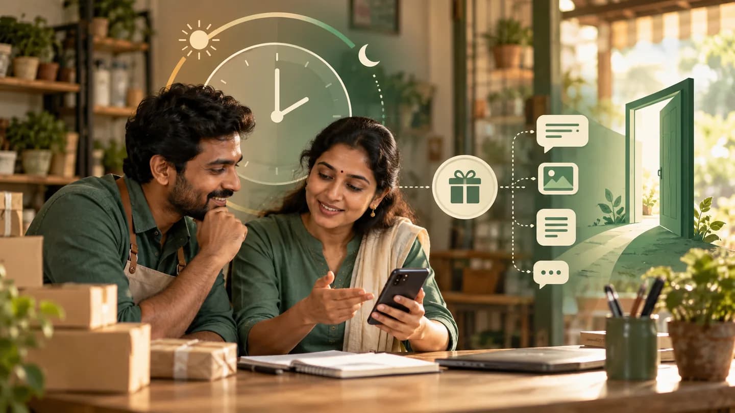Two small-business colleagues reviewing a phone beside visual clock and entry-window motifs