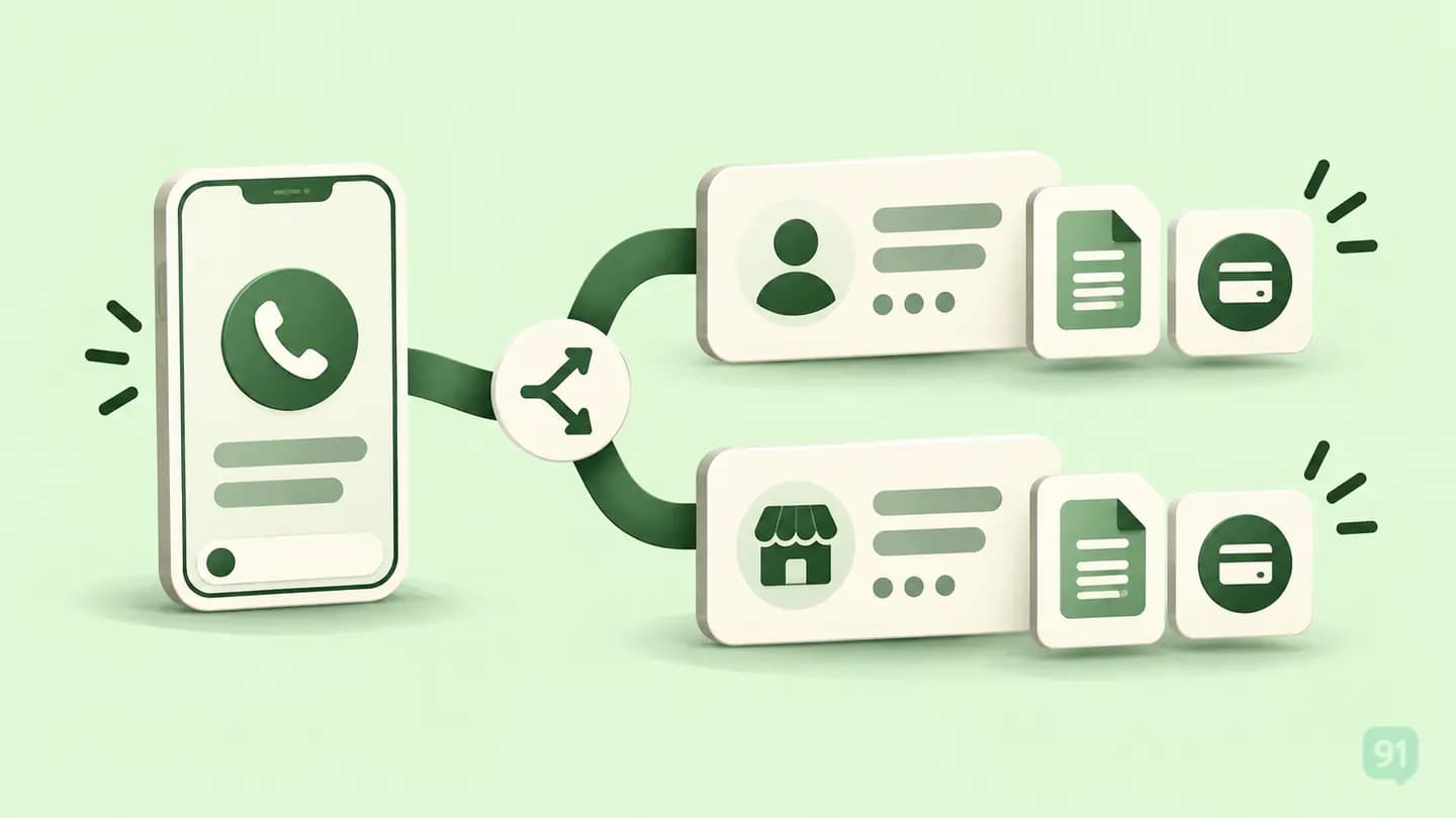 Green illustration of one business phone number routed to two distinct messaging account integrations