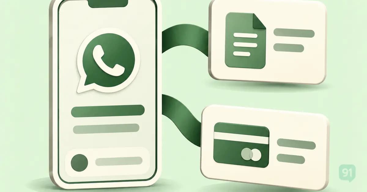 Green illustration of one WhatsApp business phone identity connected to separate template and billing cards