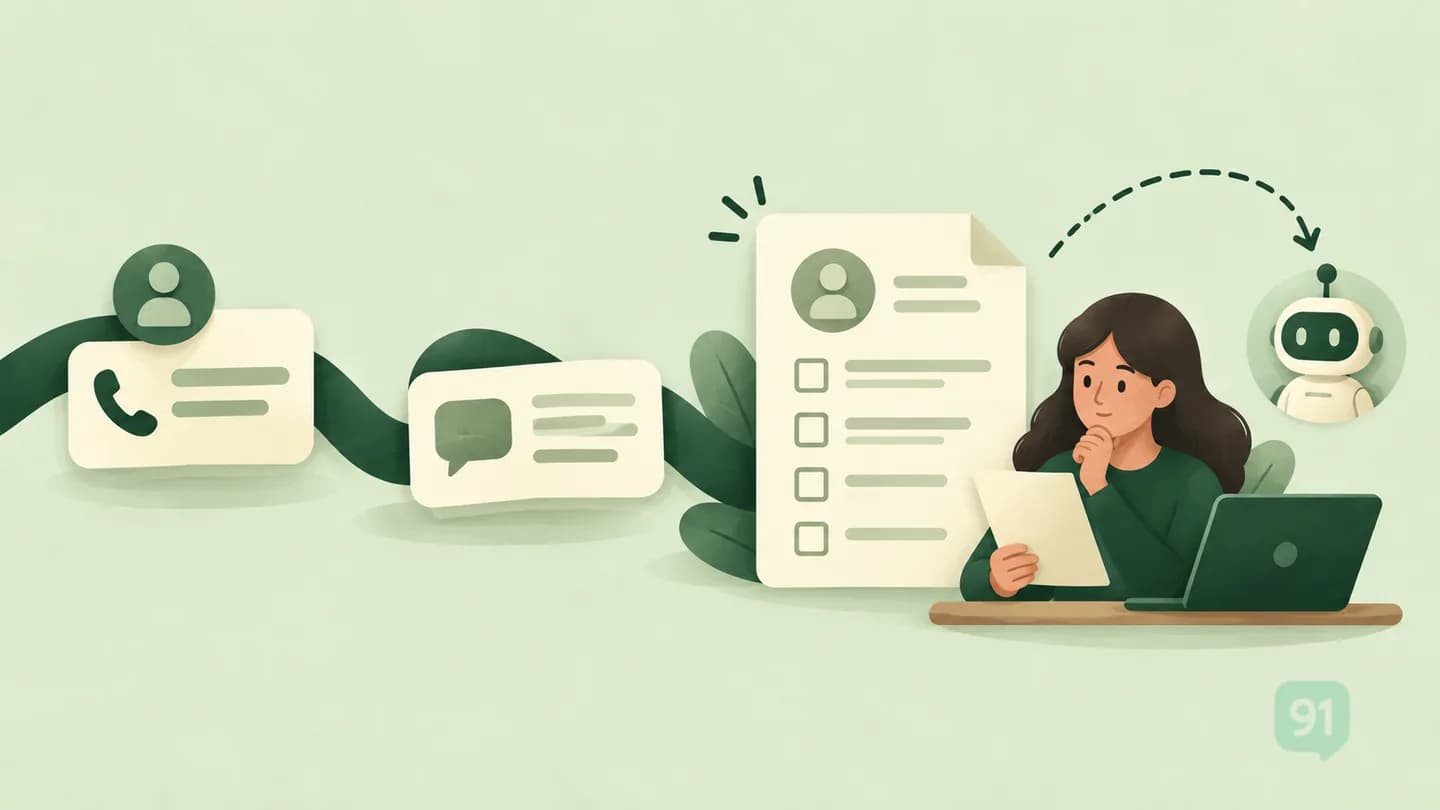 Illustrated account and message cards lead to a checklist examined by a human operator