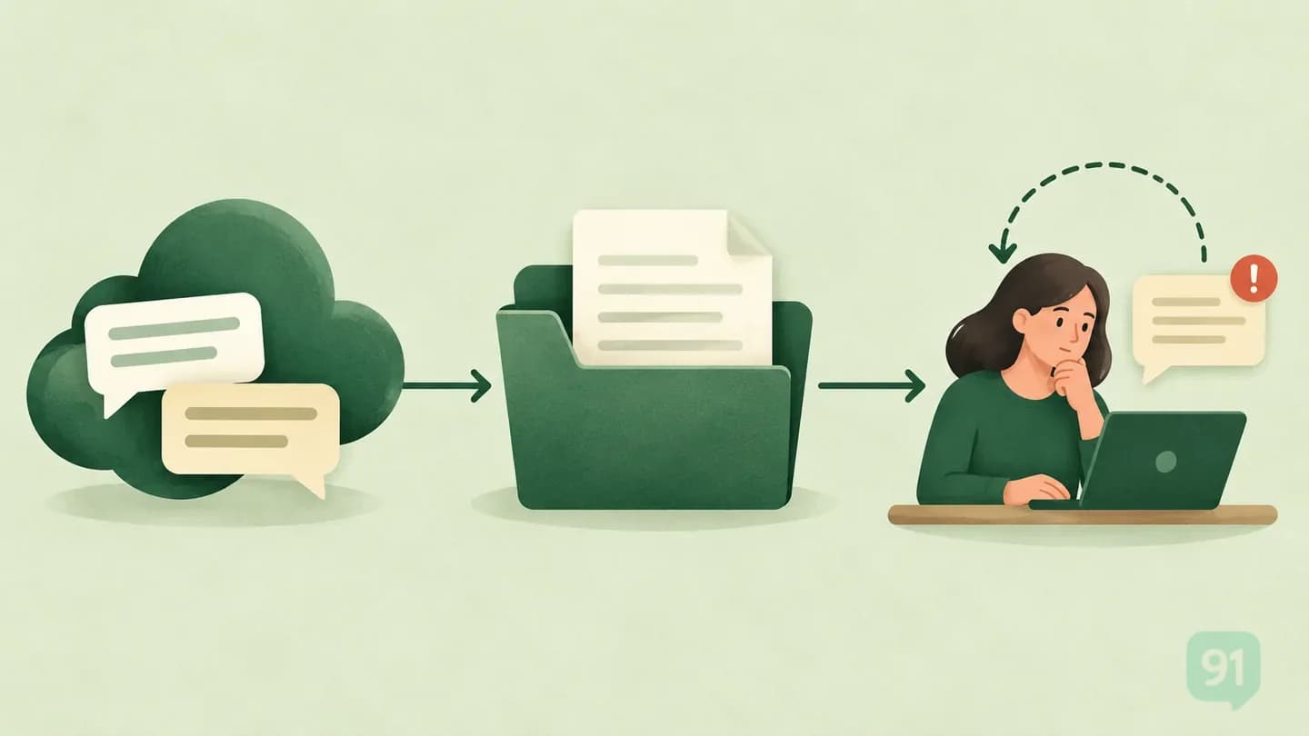 Illustrated messaging cloud, business record folder and human operator reviewing an unresolved message