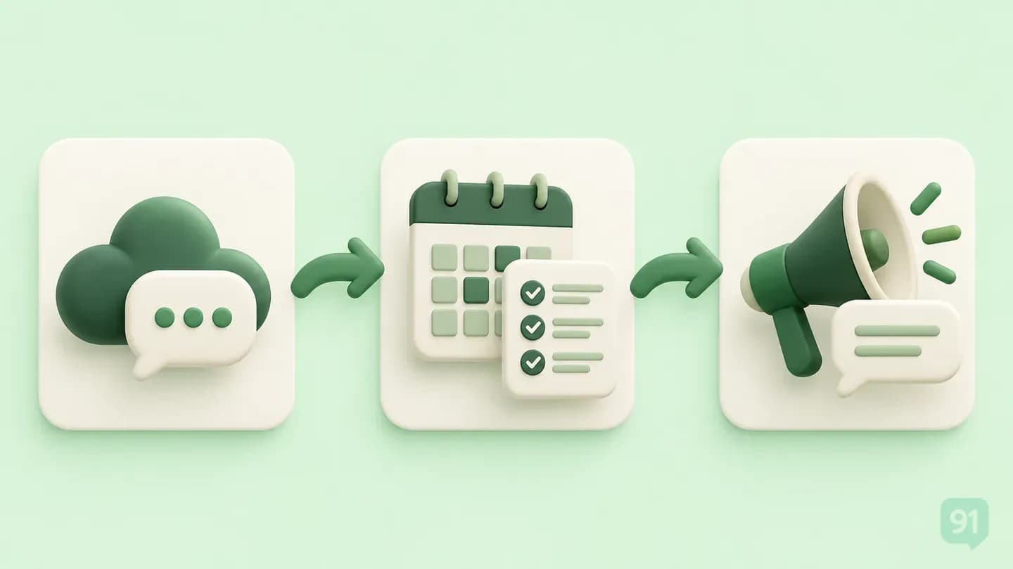 Green three-stage illustration of Cloud API messaging, a dated review checklist and a marketing message send path