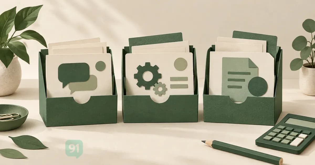 Three separate paper file boxes for messaging usage, platform terms and invoice evidence on a budgeting desk