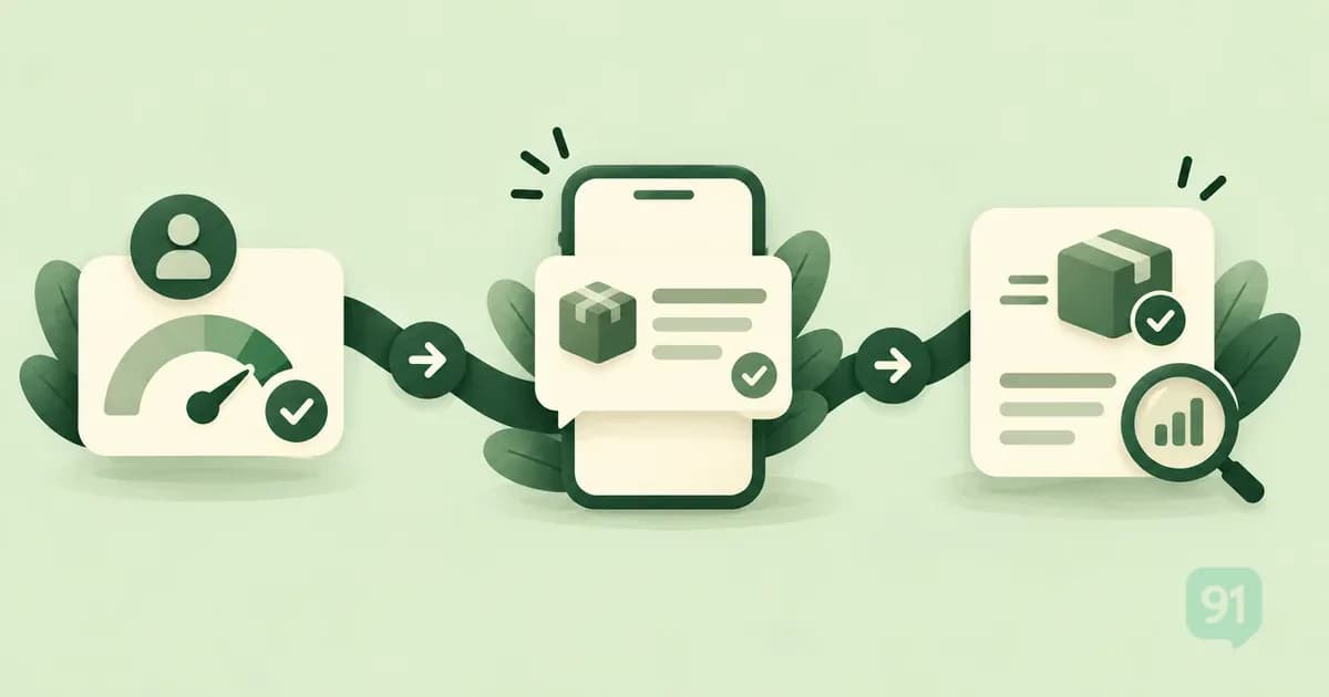 Green illustration of a utility message on a phone beside an eligibility card and generated template