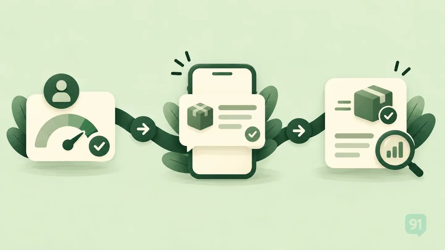 Three green illustrated stages showing account eligibility, a parcel update on a phone and delivery review