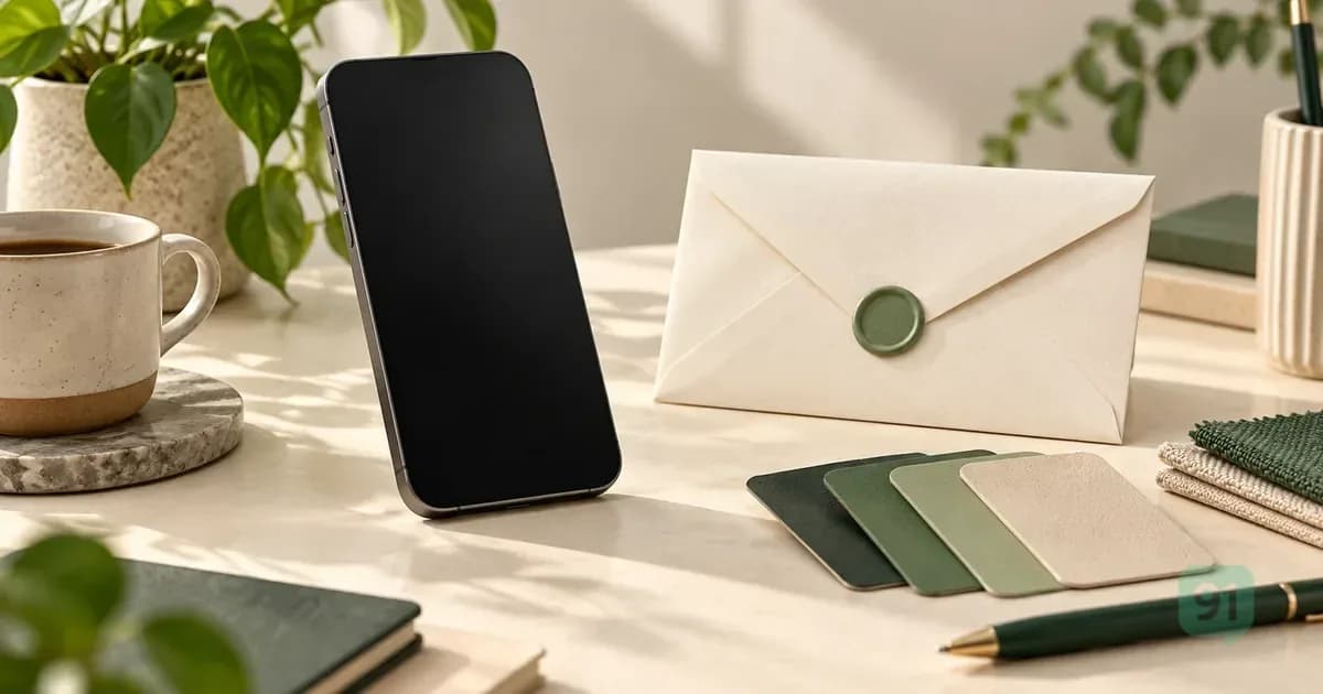 Blank phone, muted color swatches and sealed offer envelope on a desk