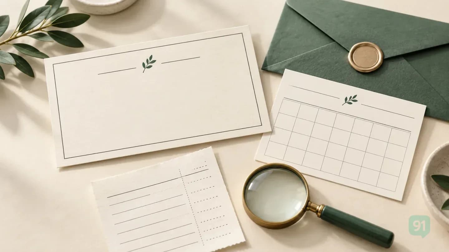 Blank offer card, calendar, receipt and magnifier arranged for purchase review