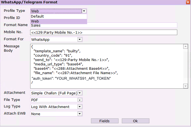 Miracle WhatsApp Telegram Format screen showing JSON message body and PDF attachment settings