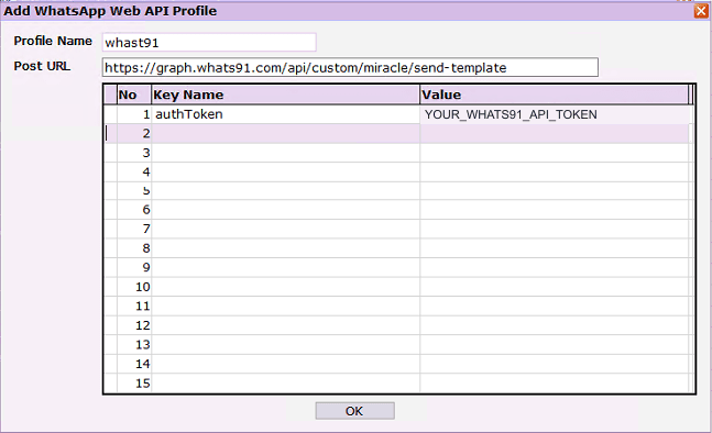 Miracle Add WhatsApp Web API Profile screen configured with the Whats91 custom Miracle endpoint