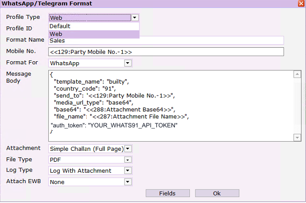 Full-size JSON and PDF settings with placeholder token